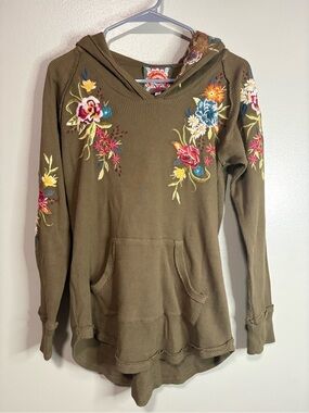 Johnny Was Los Angeles Embroidered Thermal Hoodie Size Small Olive Boho Tunic
